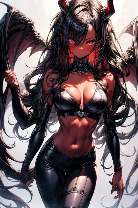 masterpiece, super detailed, high resolution, precision art, highly seductive anime girl. sexy and alluring, flawless dark red demonic skin, succubus, symmetrical face, beautiful olive eyes, flowing black hair, her very presence oozes seduction and allure,...