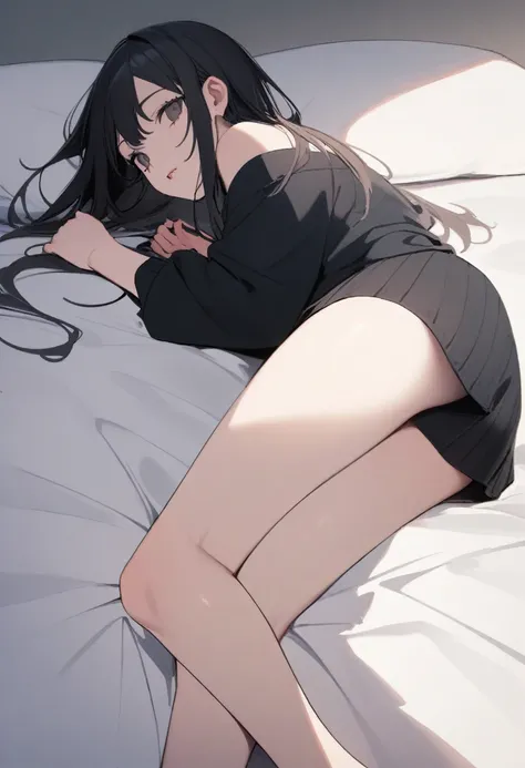 high quality, 最high quality、 Stylish design, (((The cutest girl))), ((Thin legs))、(((最high quality))), High resolution, ((detailed)), ((masterpiece)), ((Super detailed)), 16-year-old girl、Landmine Fashion、Black Hair、Inner Color、((Lying on your back in bed)...