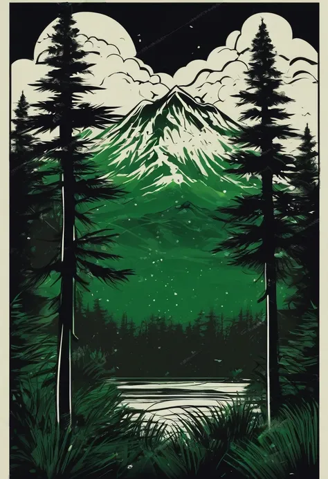 t-shirt design, A splash art of a forest with mountain in the background, dark green tone, vector art, black background