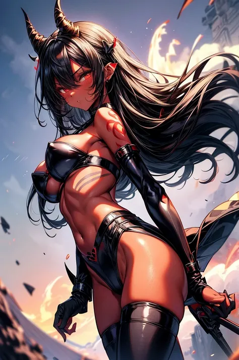 masterpiece, super detailed, high resolution, precision art, highly seductive anime girl. sexy and alluring, flawless dark red demonic skin, succubus, symmetrical face, beautiful olive eyes, flowing black hair, her very presence oozes seduction and allure,...