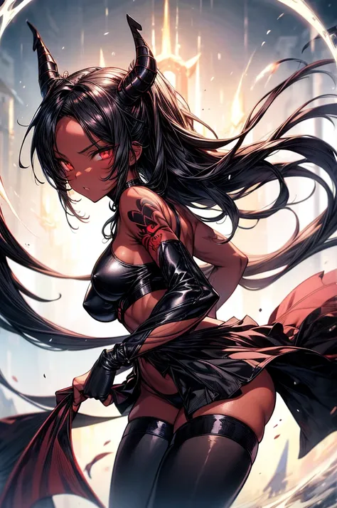 masterpiece, super detailed, high resolution, precision art, highly seductive anime girl. sexy and alluring, flawless dark red demonic skin, succubus, symmetrical face, beautiful olive eyes, flowing black hair, her very presence oozes seduction and allure,...