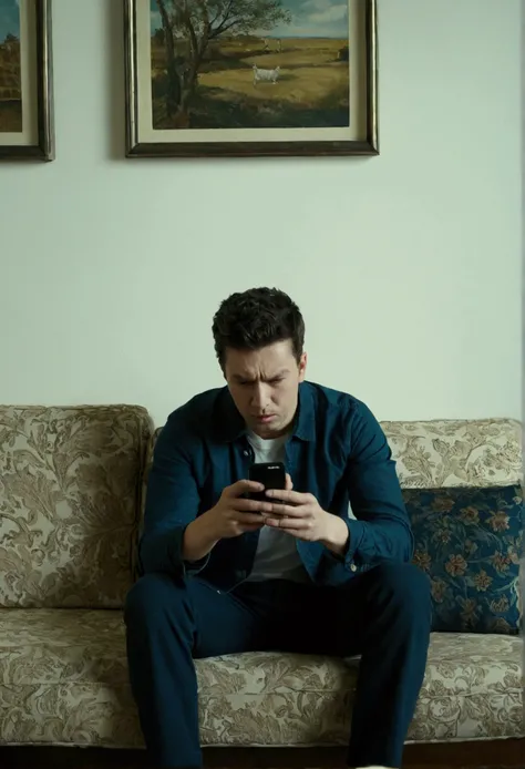 the camera focuses on a person sitting on a sofa, visibly bored, looking at his phone with disinterest.