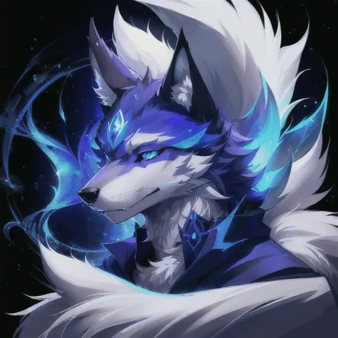 blue eyes、white fur cartoon wolf, very very beautiful furry art, fantasy wolf portrait, the art of silver fox, fursona art, furr...