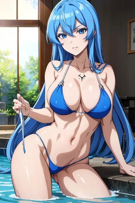 (artwork, best quality) 1 girl with long blue hair, blue eyes, blue eyelashes, well detailed eyes, hot look, big breasts, In a pool, bathing, soaking, soft skin