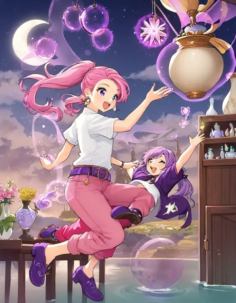 anime fantasy art style, a young witch with long pink hair, ponytail, sphere-shaped earrings, white shirt with purple details, purple belt with half-moon-shaped buckle, pink pants, purple shoes, ((flying over water on top of a magic vase)), fantasy design