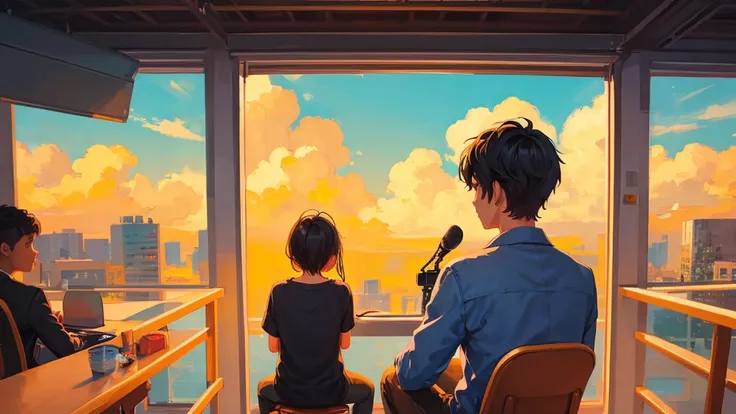 2 people, girl and boy back to each other, the girl is wearing head phone and sit on chair in front of a microphone, the boy is painting on a canva