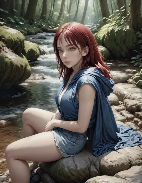 a girl with red hair, animal ears, wearing a blue hooded cape, sitting on a rock by a forest stream, yellow eyes, (best quality,4k,8k,highres,masterpiece:1.2),ultra-detailed,(realistic,photorealistic,photo-realistic:1.37),RAW photo