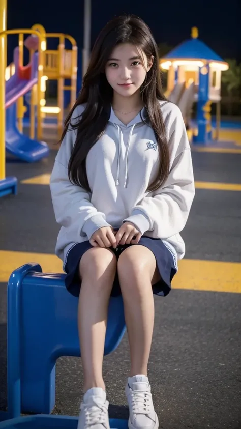 First-person perspective,a female high school student,Sit on the playground，night，wearing jk，Lovely