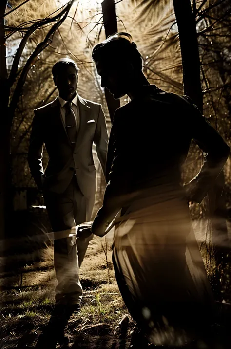 silhouette of a man in an elegant suit, leaning forward, with a tree seedling in his hands, glowing light in the background