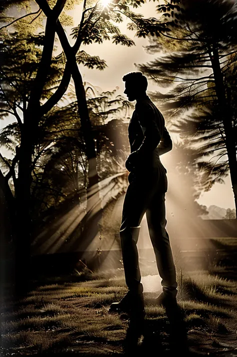 silhouette of a man in an elegant suit, leaning forward, with a tree seedling in his hands, glowing light in the background