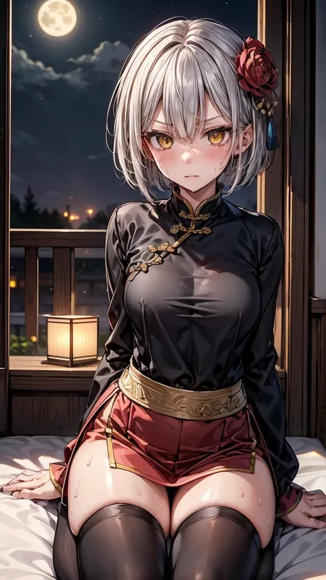 young girl 15 years old, short silver bob hair, hair flower, sharp bangs between the eyes, yellow  eyes, eyes large, dominant look, cold stare, somewhat angry expression. traditional chinese imperial clothes black with gold details, red skirt, black thigh ...