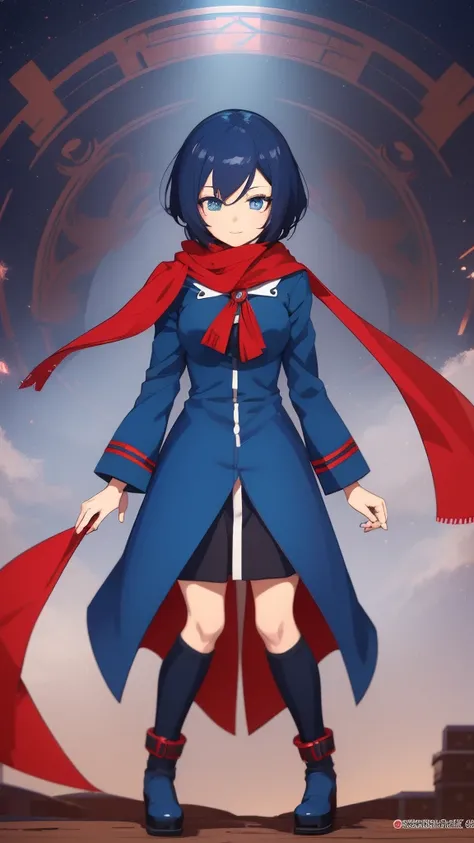 woman in a blue coat and red scarf stands, anime full body illustration, anime style, pretty Anime Character design, anime image of a cute girl, detailed Anime Character art, Anime Character art, Anime Character design, Anime Character, anime style charact...