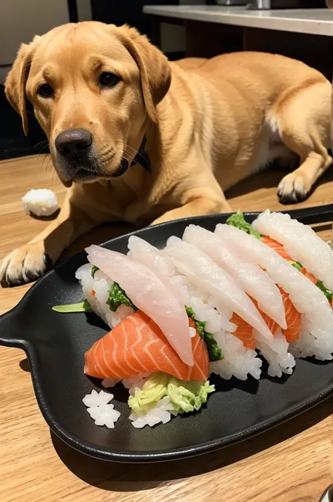 Labrador retriever eating sushi