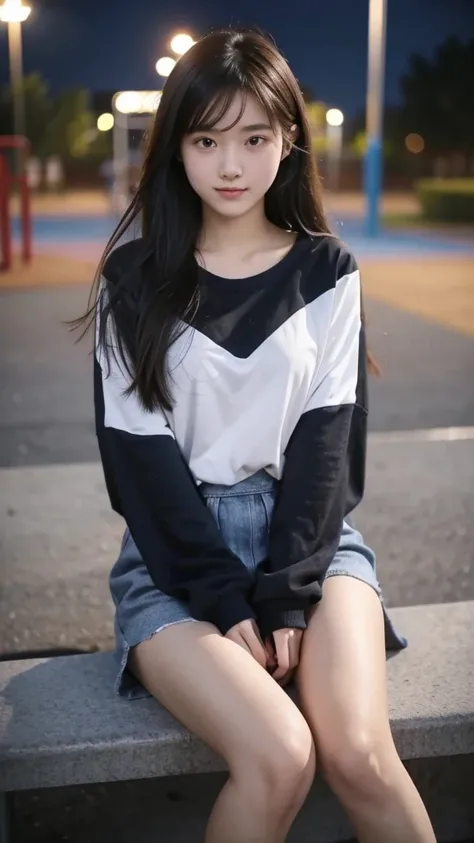 First-person perspective,a female high school student,Sit on the playground，night，wearing jk，Lovely, little open tight