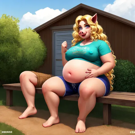 ((Best quality)), ((masterpiece)), (detailed), pig, pig girl, furry pig, big body, большой body, is sitting, smooth belly, shorts, серые shorts, T-shirt, View from afar, long hair, blonde hair, Beautiful face, skinny face, age 45, voluminous hair , curly h...