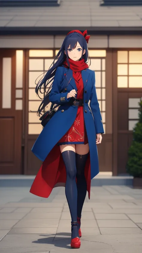 woman in a blue coat and red scarf stands, character portrait of Kamisaki Sekki, pixiv, Whats it?, anime full body illustration, anime style, pretty Anime Character design, anime image of a cute girl, detailed Anime Character art, Anime Character art, Anim...