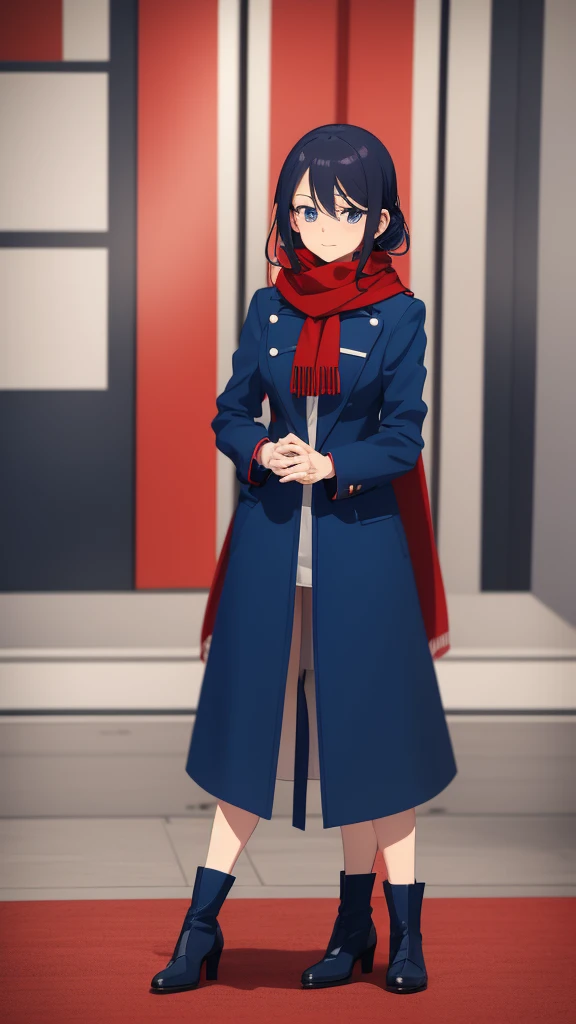 woman in a blue coat and red scarf stands, character portrait of Kamisaki Sekki, pixiv, Whats it?, anime full body illustration, anime style, pretty Anime Character design, anime image of a cute girl, detailed Anime Character art, Anime Character art, Anim...