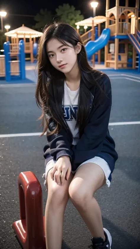 First-person perspective,a female high school student,Sit on the playground，night，wearing jk，Lovely