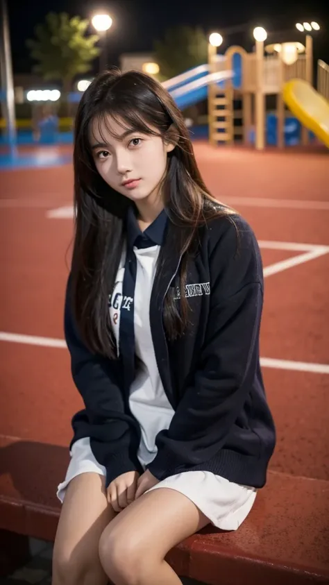 First-person perspective,a female high school student,Sit on the playground，night，wearing jk，Lovely