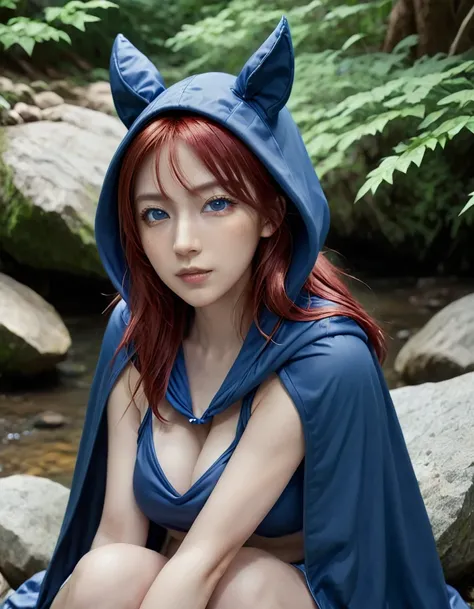 a girl with red hair, animal ears, wearing a blue hooded cape, sitting on a rock by a forest stream, yellow eyes, (best quality,4k,8k,highres,masterpiece:1.2),ultra-detailed,(realistic,photorealistic,photo-realistic:1.37),RAW photo