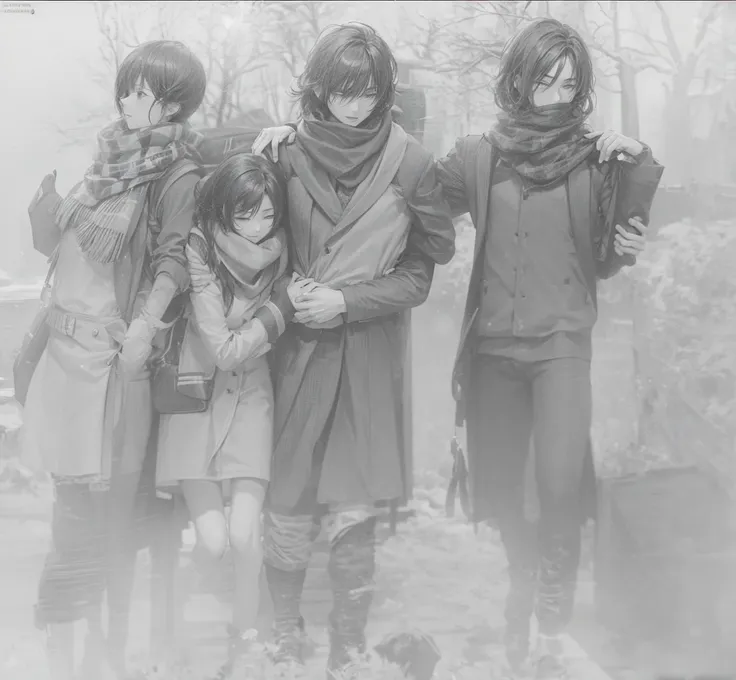 3 beautiful student, mikasa with chalina, In the middle, a male student with a scarf and on the side, a muscular man hugs his friend in the middle with one hand, happy from behind, looking at the sun in front of him. 