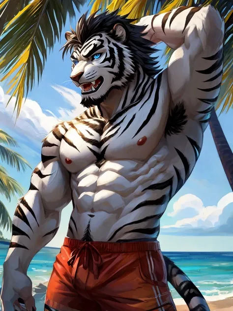 Masterpiece, Solo, Furry Black White Tiger, Blue Eyes, Medium Black Hair, Medium Black Facial Hair, Muscular Body, Cool Pose, Handsome, Good Looking, Adult, Fierce, Smirking mouth open, Summer outfit, summer background