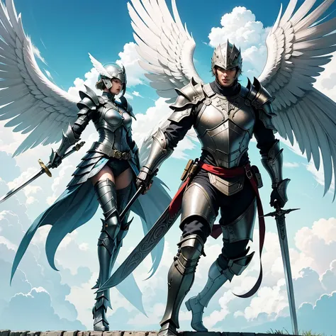 ((Best Quality)), ((masterpiece)), (detailed), angel warrior man with war armor, war helmet with sword, on his back and wings open climbing stairs towards the sky between clouds