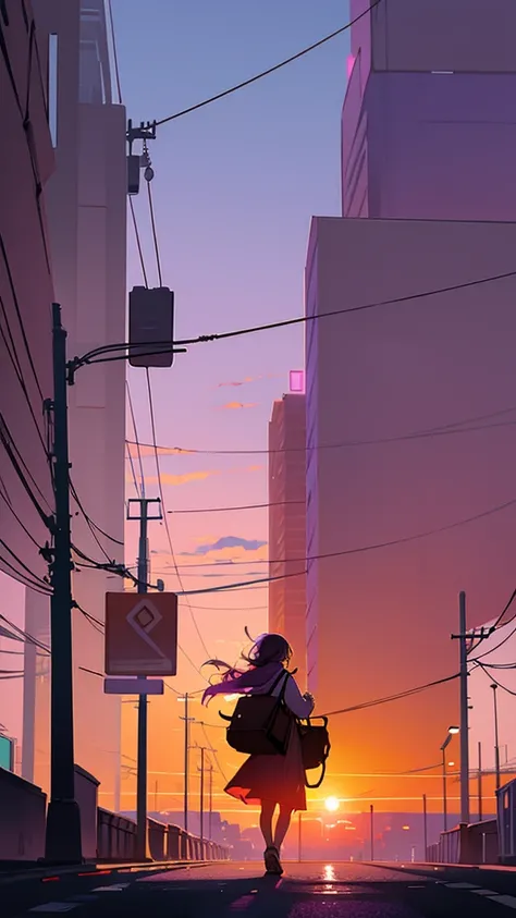 A person walking down a street at sunset with hues of purple and orange in the sky, in silhouette, carrying two bags.
