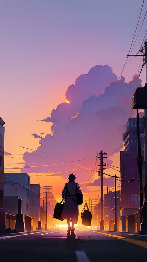 A person walking down a street at sunset with hues of purple and orange in the sky, in silhouette, carrying two bags.
