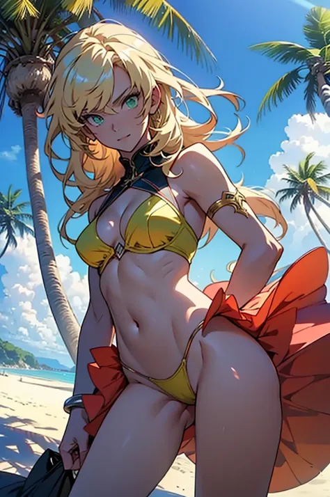 masterpiece, rich colors, Best quality, detailed, high resolution, Hyper quality, high detail, , high quality, detailing, skinny sexy girl on the beach , bright lighting , green eyes, anime, palm trees, bright lighting,