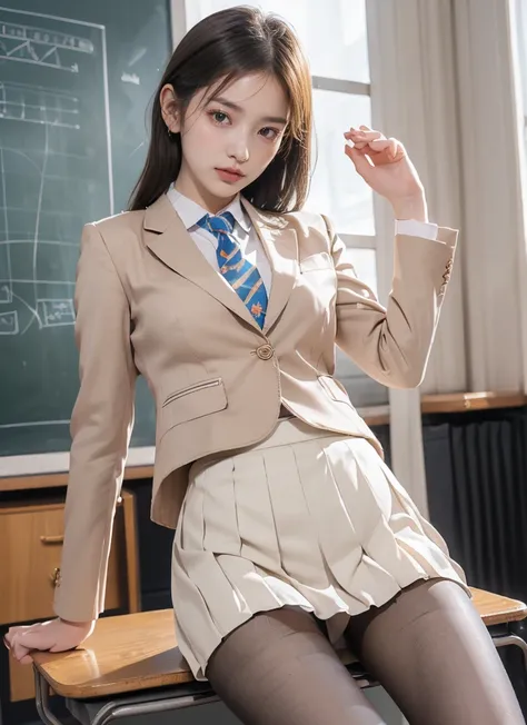 beautiful and delicate girl, very detailed eyes and face, beautiful detailed eyes, huge file size, very detailed, high resolution, very detailed, best quality, masterpiece, (((school classroom)), (((simple blazer))), (((pleated skirt))), (((The skirt and t...