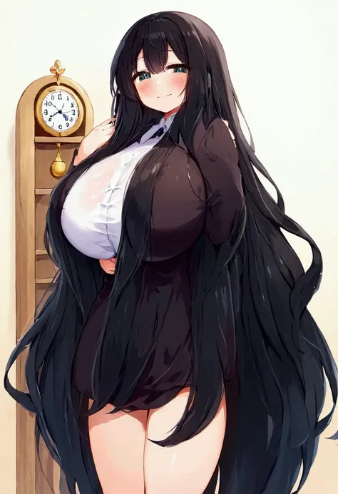 cute girl, super long hair, black hair, big hair, thick hair, big breasts, big butt, hourglass body, emphasis on hair, emphasis ...