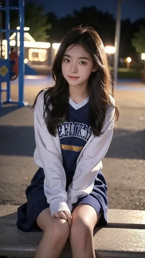 First-person perspective,a female high school student,Sit on the playground，night，wearing jk，Lovely