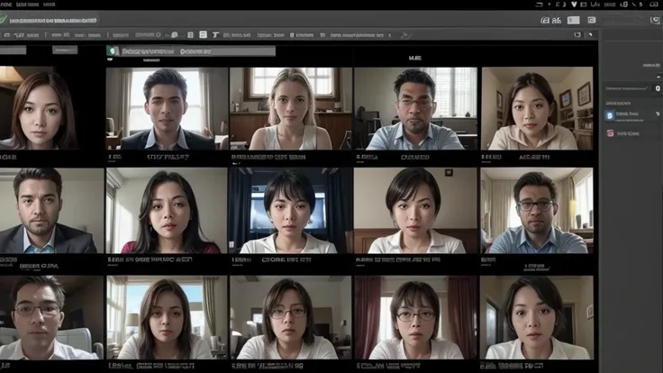 a close-up of a computer screen with a bunch of people on it, in meeting together, on-line, webcam screenshot