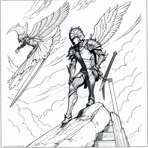 ((Best Quality)), ((masterpiece)), (detailed), angel warrior man with war armor, war helmet with sword, on his back and wings open climbing stairs towards the sky between clouds