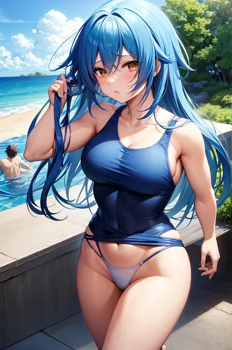 Rimuru Tempest, in its feminine form 1.90 meters with O cup breasts, golden eyes that reflect wisdom and shapely legs, She is wearing a blue swimsuit that highlights her imposing and elegant figure while she enjoys a day at the beach. She is hugging Izuku ...