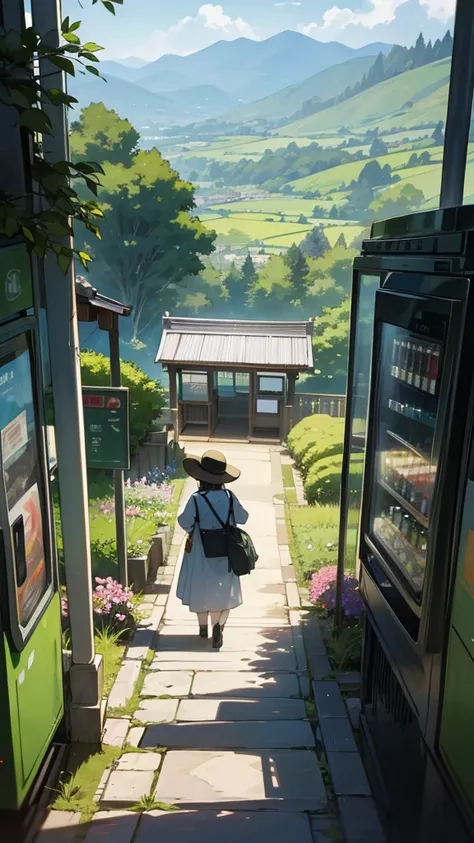 A scenic view in a rural area with mountains in the background and a clear sky, two individuals walking away wearing yukatas and wide-brimmed hats, a vending machine with Japanese text, lush greenery, and blooming flowers.
