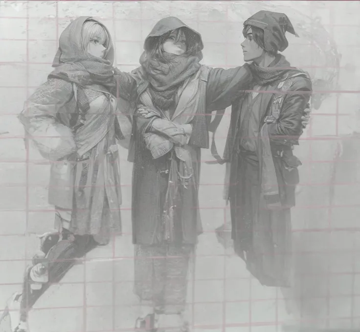 3 student with uniforms, a beautiful woman with a scarf, In the middle, a student with a scarf and jacket is studying., and the side a muscular male, tall and hugged with a happy back looking at the sun ahead. 