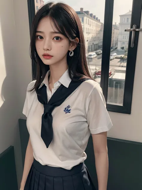 absurdres, RAW photo, extremely delicate and beautiful, masterpiece, Best Quality, ultra high resolution, 32k, hyperrealistic, ultra-detailed, tearful mole, earring, medium breasts, whole body shot, medium hair, asymmetrical hair, ((school_uniform)), short...