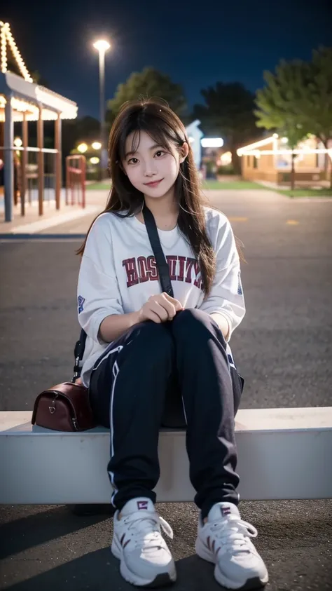 First-person perspective,a female high school student,Sit on the playground，night，wearing jk，Lovely