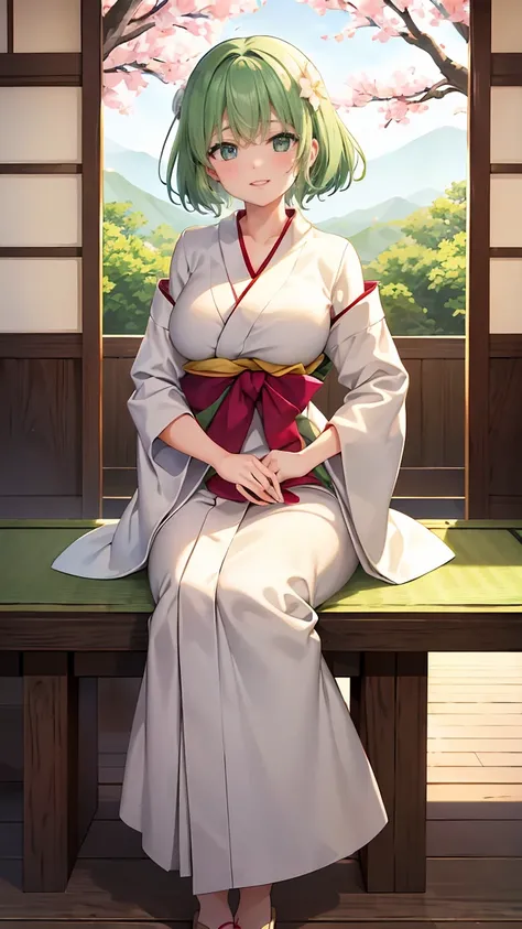 Girl with short green hair, Small breasts, Green Eyes, White Casual Beauty Special、(((tits))),Full body photo from head to toe、Kimono、Patterned Japanese clothing、Cherry tree in full bloom、Fluttering petals、、Graceful Manners、Playing the shamisen、Playing in ...