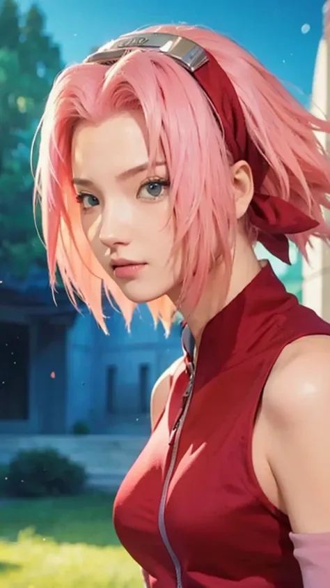 Real life adaption of this character, Korean teen beauty face, realistic pink hair , realistic same outfit, realistic light, realistic shadow, hyper realistic, realism, realistic background,(photorealistic:1.2)