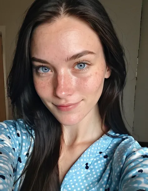 instagram selfie , a 23 year old gorgeous woman , slight smile , detailed skin face and eyes , natural lighting , at home , long hair, wearing cute pajamas , film grain, low contrast, natural face , freckles , black hair , blue eyes, dark circles under eye...