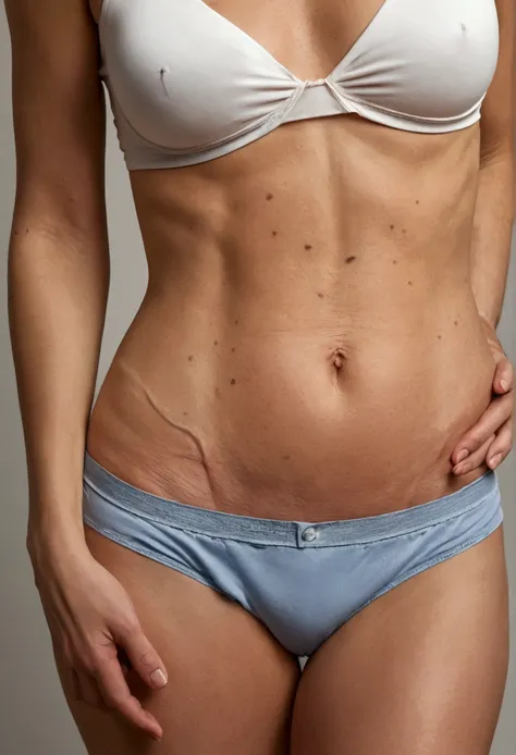 a 35 year old model, wearing casual clothes, showing on abdomen, below the navel, a barely noticeable plastic surgery scar.