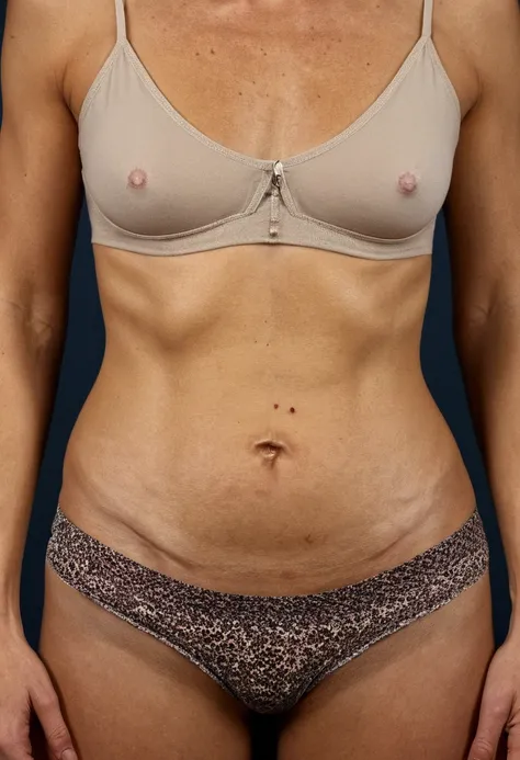 a 35 year old model, wearing casual clothes, showing on abdomen, below the navel, a barely noticeable plastic surgery scar.