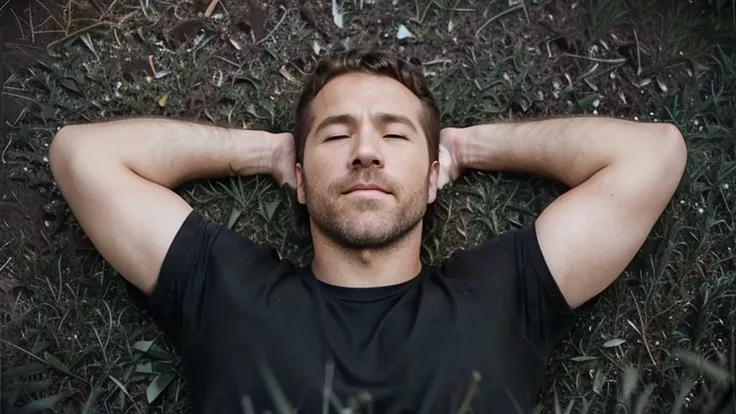 arafed man laying on the grass with his hands behind his head, denis villeneuve film look, promo shot, laying on the ground, style of denis villeneuve, lying on the ground, denis villeneuve, lying on the grass, ryan reynolds, lying down, laying down in the...