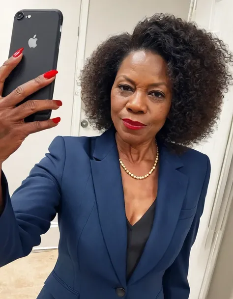 instagram selfie,African-American, older mature female, business suit, red bouse