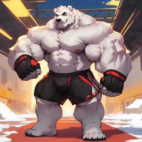 a polar bear with a huge thick muscle, furry ((white white polar bear)) wearing MMA boxer shorts and MMA fingerless gloves, Gym ring, ((huge muscular:1.2, wide pectoral, thick arms, sixpack)), smile, thicc, lowres, giant and muscular, danbooru and artstati...