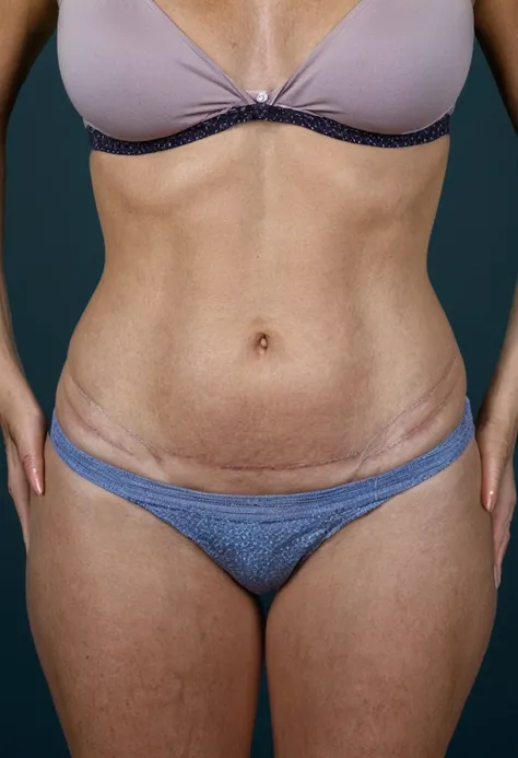 a 35 year old model, wearing casual clothes, showing on abdomen, below the navel, a barely noticeable plastic surgery scar.