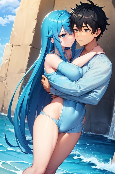 Rimuru Tempest, in its feminine form 1.90 meters with O cup breasts, golden eyes that reflect wisdom and shapely legs, She is wearing a blue swimsuit that highlights her imposing and elegant figure while she enjoys a day at the beach. She is hugging Izuku ...